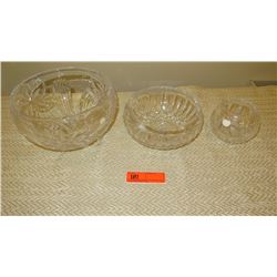 Qty 3 Poland Cut Crystal Bowls - Approx. 3" dia. to 9" dia.