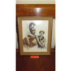 Old Framed Print: Hawaiian Royalty w/Feather Cloak & Helmet 16X14