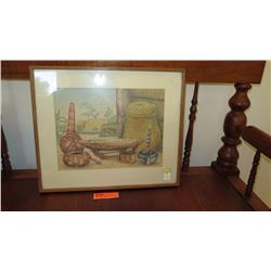 Framed Original Color Pencil: Still Life/Hawaiian Village - by M. Charlot 20X18