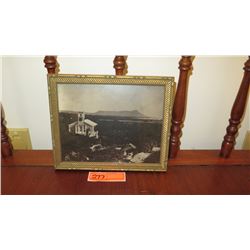 Framed Old B& W Photograph - Brick Building w/Diamond Head in Background 11x9