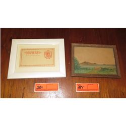 Framed Kalakaua 1881 Bank Note (N.Y), Framed Watercolor Rabbit Island? 8x6