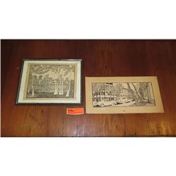 Framed Old Print "Iolani Palace", Unframed  Old Print "Bishop Street" - by Trace Purcell 8X6