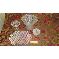 Large Cut Crystal Stemmed Bowl (Approx. 7.5" H), Lidded Bowl, Tray, Candy Dish