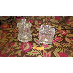 Hand Cut Crystal Jar w/Lid & "Present w/Bow" Lidded Jar - New Cond.