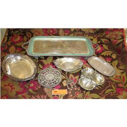 Qty 7 Antique Silver Plated Platter, Trays, Condiment Tray, etc.