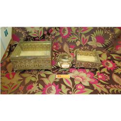 Antique Filigree Metal Boxes w/Gilt Overlay and Glass Lids