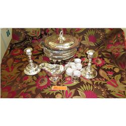 Silver Plated Server, Pair Candlesticks, Gravy Boat, 8 Napkin Rings