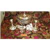 Image 1 : Silver Plated Server, Pair Candlesticks, Gravy Boat, 8 Napkin Rings