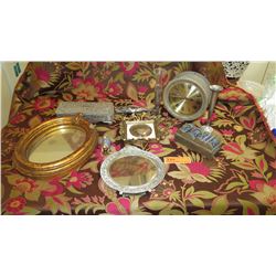 Misc. Lot: Bas Relief Silver Jewel Box, Mirrors, Ornamental Wall Hanging, Clock, Single Stem Vases