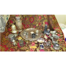 Large Misc. Lot: Silver Plated Tray, Bowls, Cups, Creamers, Condiment Bowls, etc.