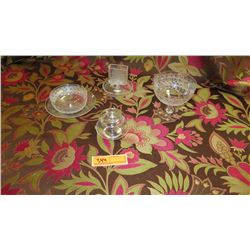 Qty 3 Ornate Raised Scrollwork Glass Bowls, Lidded Bowl & Crystal Spoon Holder