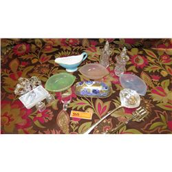 Misc. Lot: Pastel Glass Trays, Painted Glass Butter Dish, Lucite Napkin Rings, Serving Utensils