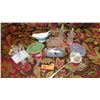 Image 1 : Misc. Lot: Pastel Glass Trays, Painted Glass Butter Dish, Lucite Napkin Rings, Serving Utensils
