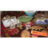 Image 2 : Misc. Lot: Pastel Glass Trays, Painted Glass Butter Dish, Lucite Napkin Rings, Serving Utensils