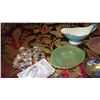 Image 3 : Misc. Lot: Pastel Glass Trays, Painted Glass Butter Dish, Lucite Napkin Rings, Serving Utensils