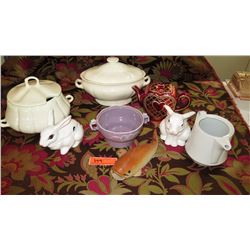 Misc. Lot: Ceramic Bunny Jars, Tureens, Teapots, Carp, Lilac Server