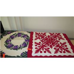 2 New Hand-Stitched Hawaiian Pattern Quilt Blankets (Red & White and Purple Lei) 41X41