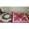Image 1 : 2 New Hand-Stitched Hawaiian Pattern Quilt Blankets (Red & White and Purple Lei) 41X41