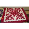 Image 2 : 2 New Hand-Stitched Hawaiian Pattern Quilt Blankets (Red & White and Purple Lei) 41X41