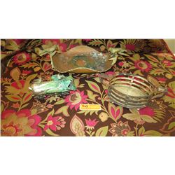 Antique Copper Plated Brass Tray w/Bird Ornamented Handles, Antique Metal Overlay Piece w/Crickets, 