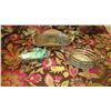 Image 1 : Antique Copper Plated Brass Tray w/Bird Ornamented Handles, Antique Metal Overlay Piece w/Crickets, 