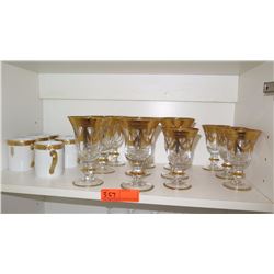 Qty 12 Clear Crystal Stemware w/Swag Gilt Overlay & Tiffany & Co. (Frank Lloyd Wright) Mugs