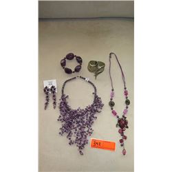 Jewelry: Violet Beaded Waterfall Drape Necklace, Purple Rhinestone Earrings,  Dangle Necklace, 2 Bra