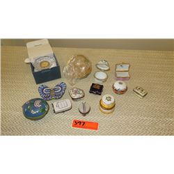 Misc. Lot of Cloisonne, Porcelain, Limoges Trinket Boxes, Pill Boxes, Miniature Collectibles, Clock,