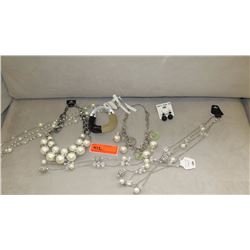 Jewelry: 5 White Pearl Necklaces (various styles, lengths), Lucite Bracelet