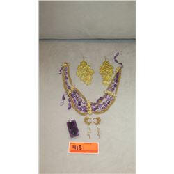 Jewelry: Tri-Strand Amethyst/Gold Tone Necklace, Filigree Earrings, Amethyst Pendant, Dangling Earri