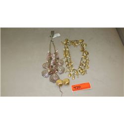 Jewelry: 2 Shell/Fish Motif Drape Necklaces w/Dangling Rhinestoned Clams, Pair: Clam Earrings