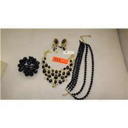 Jewelry: 2 Gold Tone Black-Bead Multi-Tiered Drape Necklaces, Black Bead Bracelet, Earrings