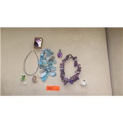 Jewelry: 2 Natural Polished Stone Necklaces, Rope Chain, Amethyst Pendant & 3 Misc. Pendants