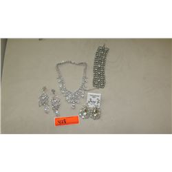 Jewelry: Multi-Tier Rhinestone Drape Necklace, Dangling  Earrings (2 prs), Rhinestone Bracelet