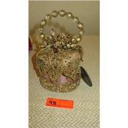 New Mary Frances Bag: Pink Satin Bucket Style w/Gold Mesh Leaf Cap