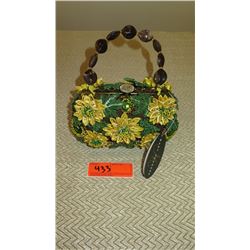 New Mary Frances Handbag: Green w/Yellow Satin Flowers