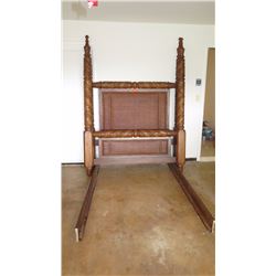 Ornate Carved Four Posted Bed w/ Woven Rattan Headboard - Tropical Leaf Pattern 64" wide