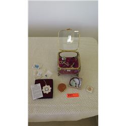 Gilded Glass Jewelry Box w/Givenchy Coin Purse, Commemorative Coin, & Misc.