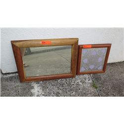 Qty 2 Wood Framed Mirrors (One with Hawaiian Quilt Design) 24x18