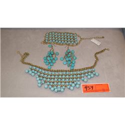 Jewelry: Turquoise Dangling Earrings, Blue Multi-Tiered Bead Necklace w/Bracelet
