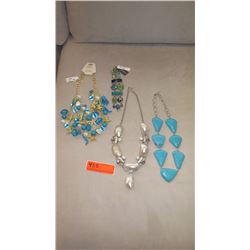 Jewelry:  Blue/Gold Tone Seashells Motif Cluster Drape Necklace, Bracelet, 2 Necklaces
