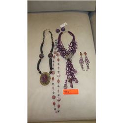 Jewelry: Violet Beaded Waterfall Drape Necklace, Purple Rhinestone Earrings,  Misc. Necklaces