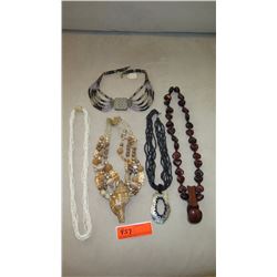 Jewelry: Multi-Strand Niihau Momi Shell Necklace and 4 Misc. Shell/Bead Necklaces