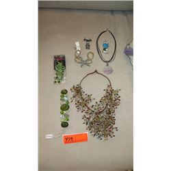 Jewelry: Green Semi-Precious Stone Bracelet, Waterfall Drape Necklace, Rhinestone Starfish Bracelet,