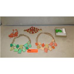 Jewelry: Orange and Green-Hued Necklaces (2), Earrings (2 prs), Bracelet