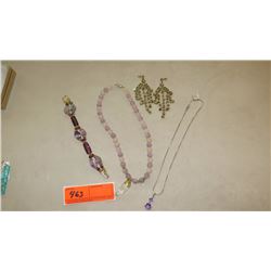 Jewelry: Semi-Precious Bead Necklace w/Quartz Pendant, Bracelet, Chain w/Pendant, Earrings