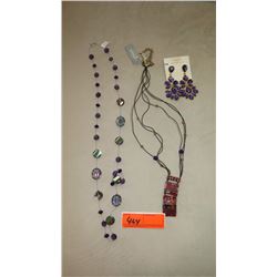 Jewelry: Necklace w/Irredescent Beads, Rope Necklace w/Enameled Pendant, Violet Drop Earrings