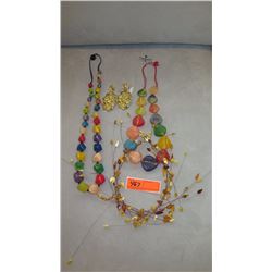 Jewelry: Amber-Hued Bead Necklace, 2 Multi-Colored Necklaces, Earrings