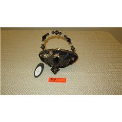 New Mary Frances Bag: "Onyx" Black Velvet w/Gold Butterfly, Beaded Handle
