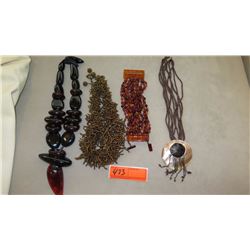 Jewelry: 3 Misc. Bead Necklaces (various styles, lengths), Beaded Lucite Bracelet